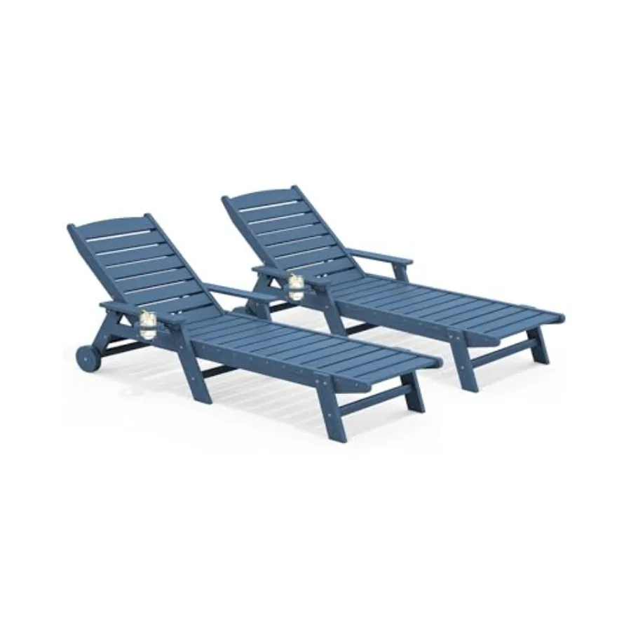 HDPE Outdoor Lounge Chair Set of 2 with Cup Holder Weather-Resistant, Gray, UV-Stabilized for Long-Lasting Durability