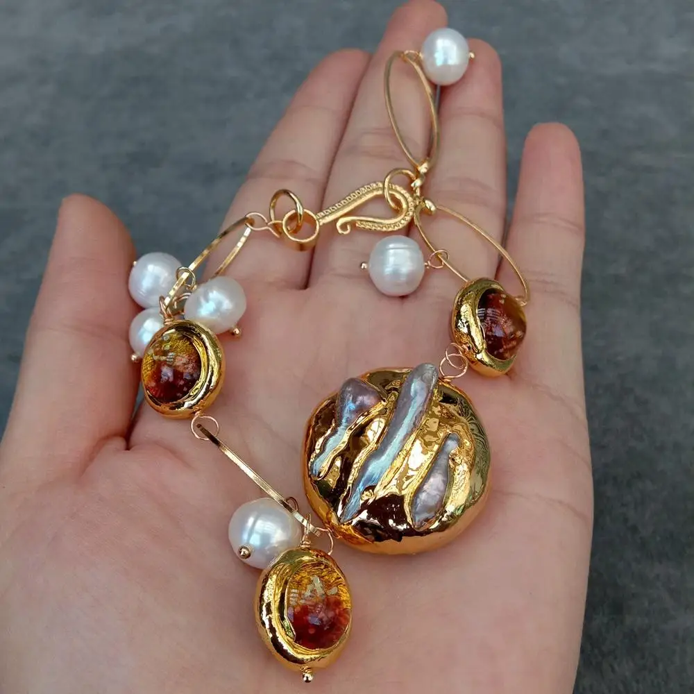 

KKGEM 9-10MM Cultured White Keshi Pearl 16mm Brown Murano Glass Beaded Bracelet