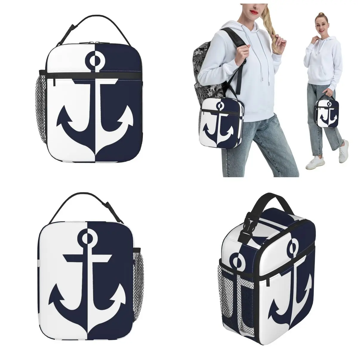 Nautischer Seemann weiß Marineblau Anker wärme isolierte Lunch-Tasche wieder verwendbare Tasche für Mittagessen Thermo kühler Lunchbox