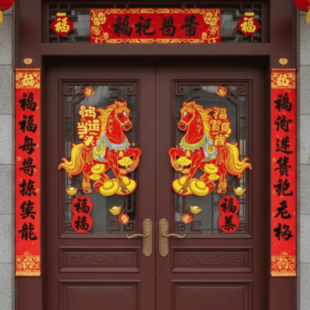 Horse Pattern Lunar New Year Couplet Year 2026 Flocking Spring Festival Stickers Window Door Decoration Spring Festival