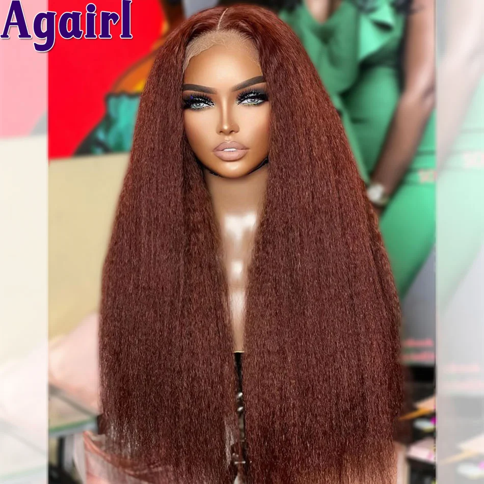 Reddish Brown Kinky Straight Human Hair Wigs PrePlucked Transparent 13x6 Lace Frontal Wig Peruvian 13X4 Ready Go Lace Front Wig