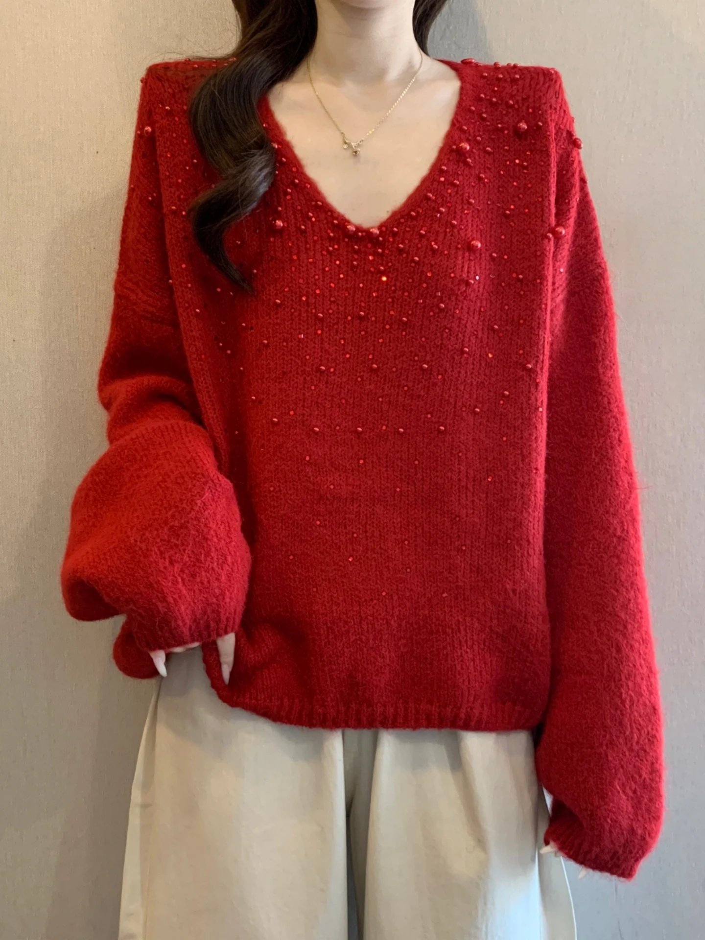 New Year Red V-Neck Knitted Sweater Women's Spring Autumn plus Size Slimming Short Heavy Embellished Top Korean Style Commute...