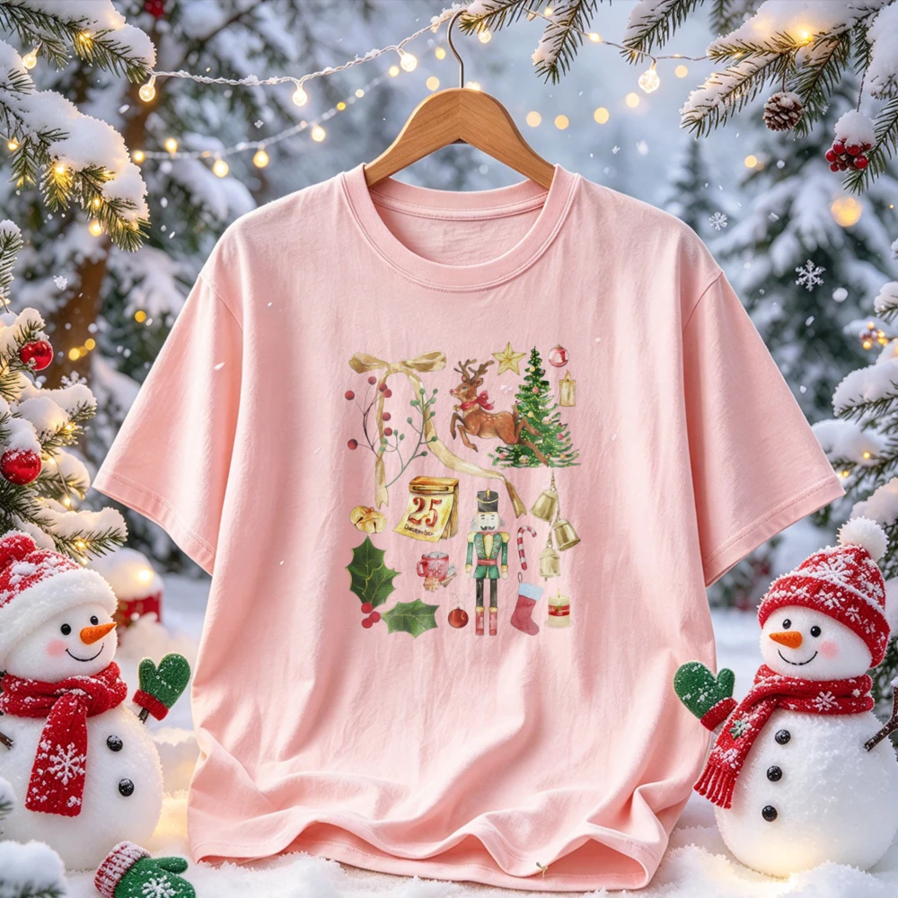 Watercolor Christmas Nutcracker Reindeer Holly Bell Calendar Sock Bow Graphic T Shirt Vintage Xmas Element Print Cotton Top Gift