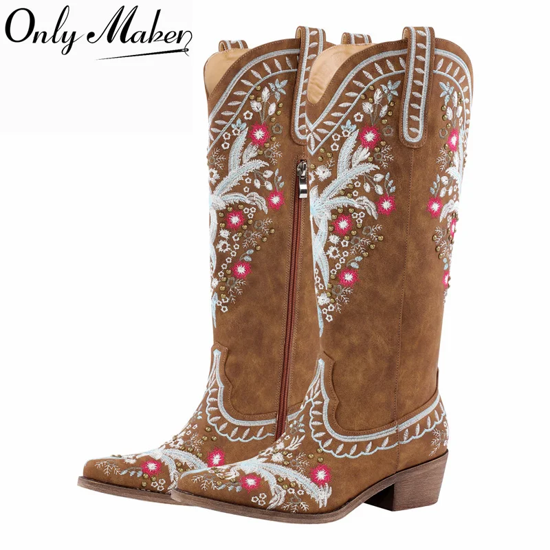 Onlymaker Floral Embroidery Western Cowgirl Boots Rivet Pointed Toe Side Zipper Block Heel Festival Party Knee High Boots