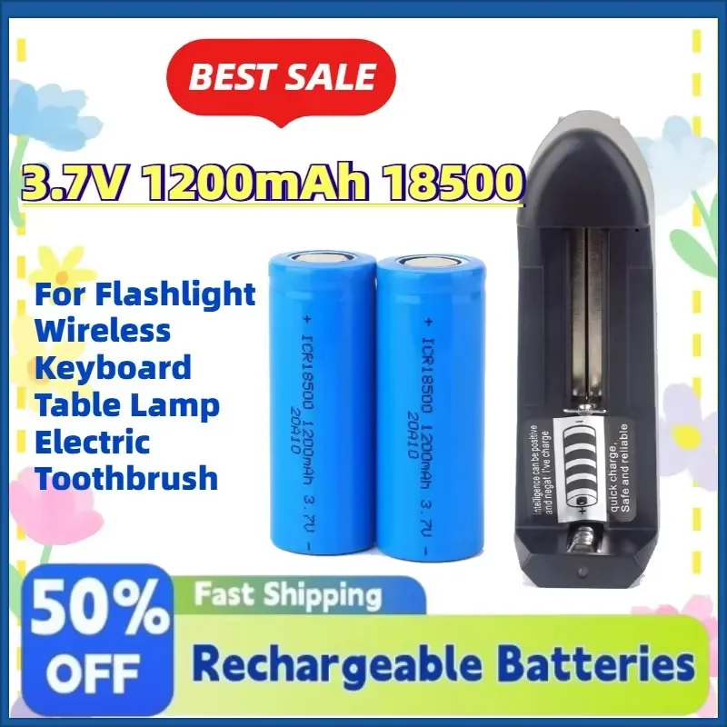 

New Upgrade 2PCS 3.7V 1200mAh 18500 Li-ion Battery + Charger for Flashlight Wireless Keyboard Table Lamp Electric Toothbrush