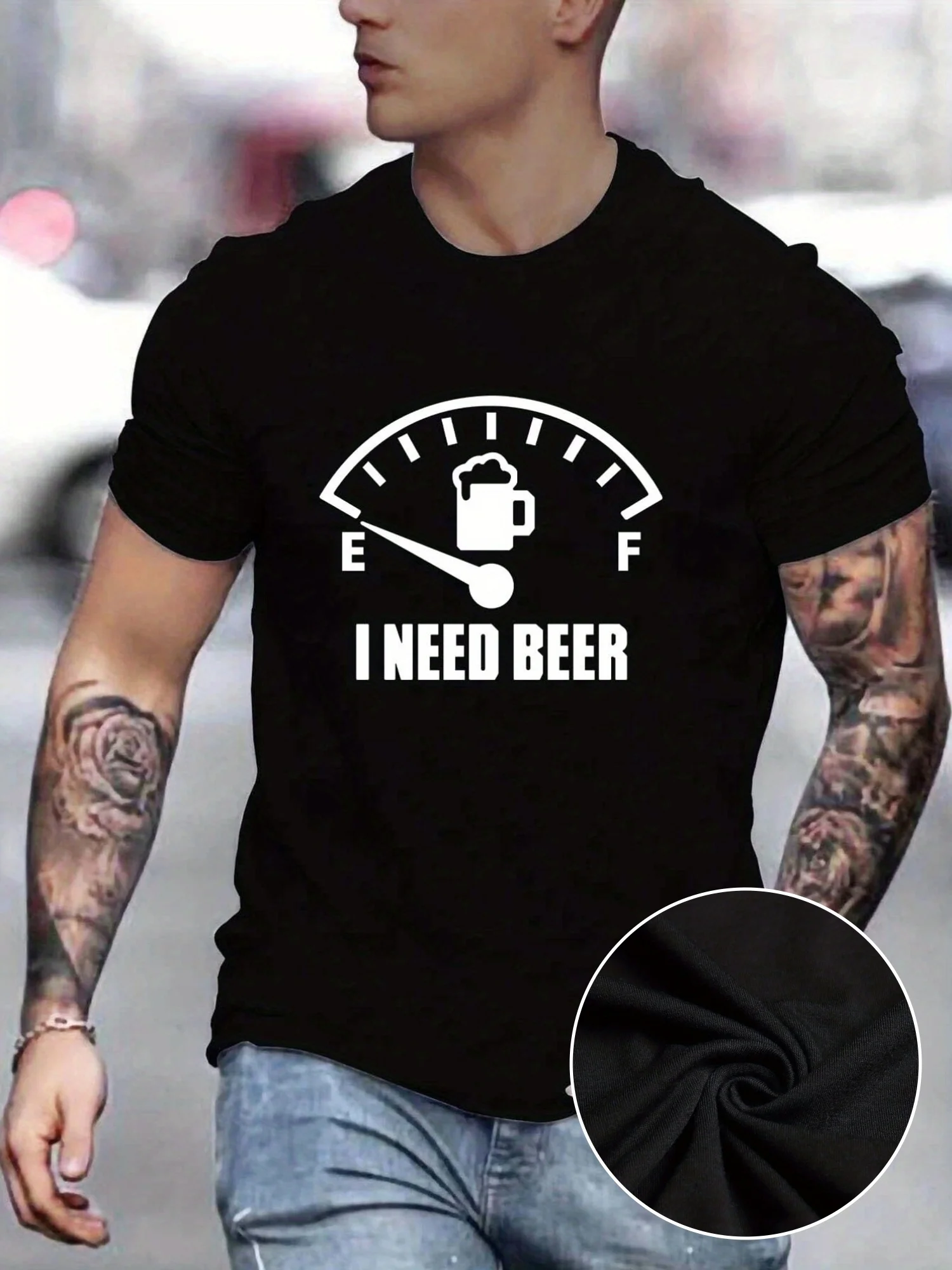 

'I Need Beer' Pattern Print Men's Comfy T-shirt, Graphic Tee Men's Summer Outdoor Clothes, Men's Clothing, Tops For Men