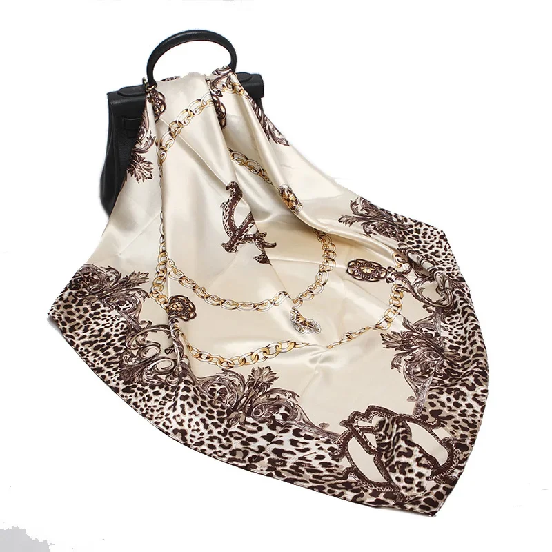 Faux Silk Scarf Female Russian Leopard Print Shawl Kerchief Cashew Square Hijab 90*90cm