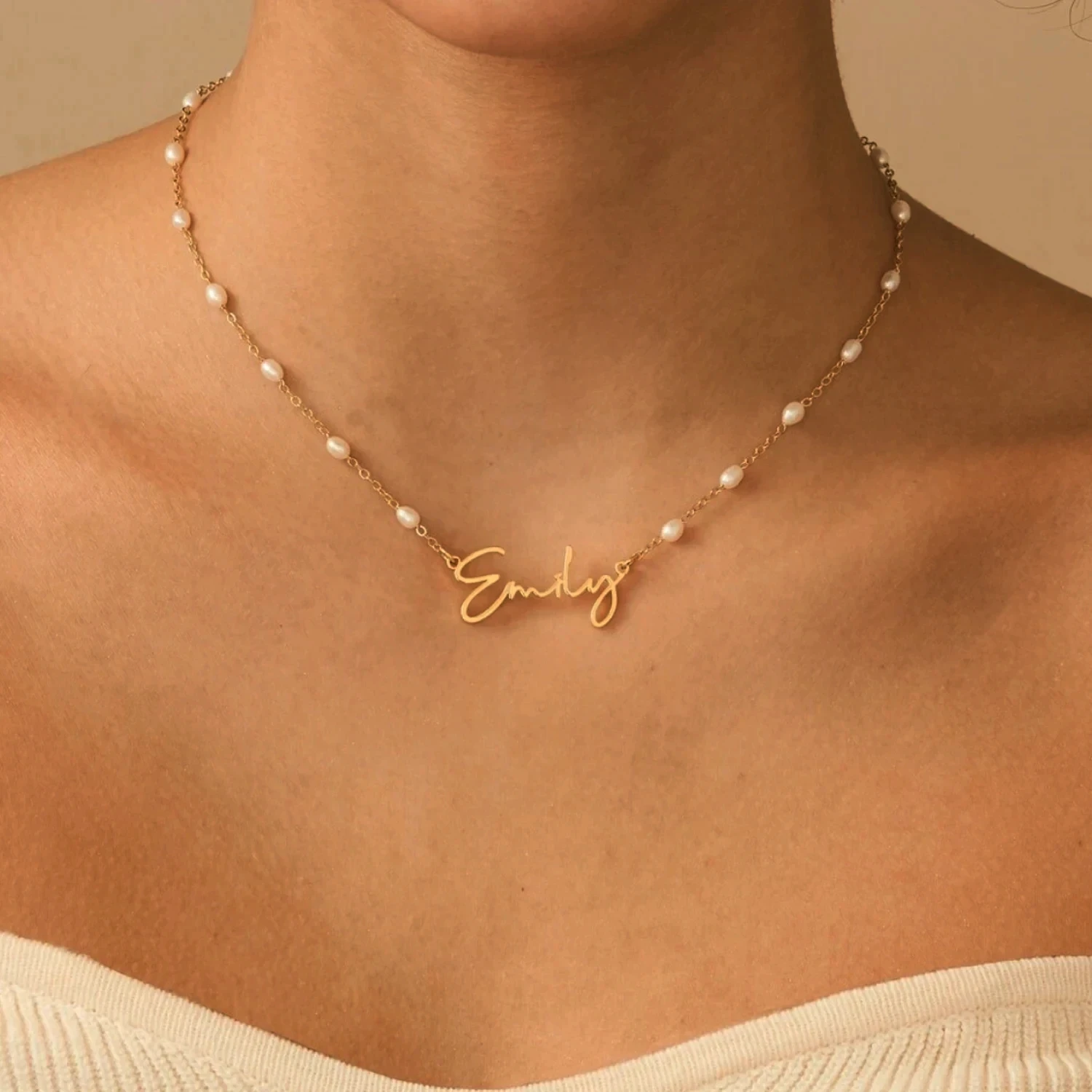 Customized Name Pearl Beaded Necklace Personalized Pearl Bracelets Stainless Steel Name Pendant Women Girls Jewelry Gifts