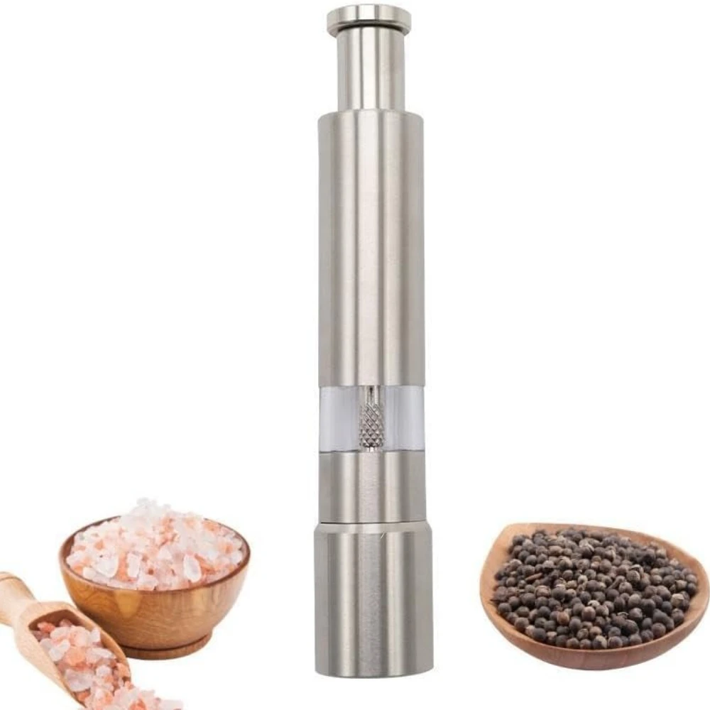 Moedor manual de pimenta e sal, aço inoxidável, moedor de grãos de pimenta preta para sal marinho e pimenta, operação com uma mão, ferramentas de cozinha