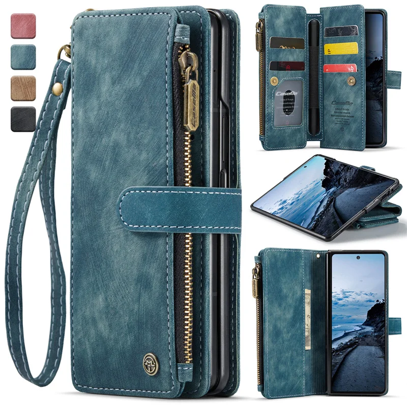 

CaseMe Ретро кожаный флип-чехол для телефона Samsung Galaxy Z Fold 7 6 5 4 3 Fold7 Fold6 5G Кошелек на молнии Сумки для карт Чехол Книга Coque