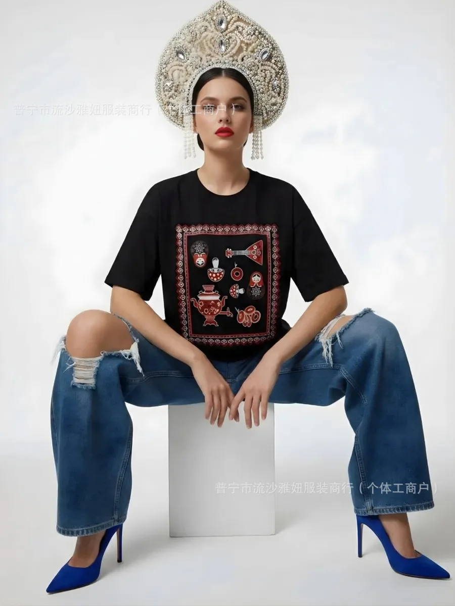 High Qualtiy Pure Cotton Russian Nesting Doll Print T Shirt Women Casual Short Sleeve Tops Aesthetic Streetwear Sweet Girls Fun