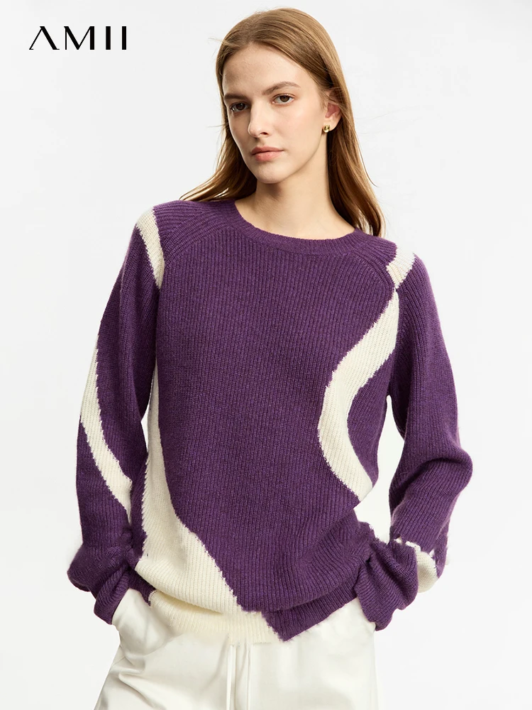 

AMII минималистичный женский свитер с круглым вырезом, новинка зимы 2025 года, асимметричный топ, свободные теплые шерстяные уличные пуловеры 12344143