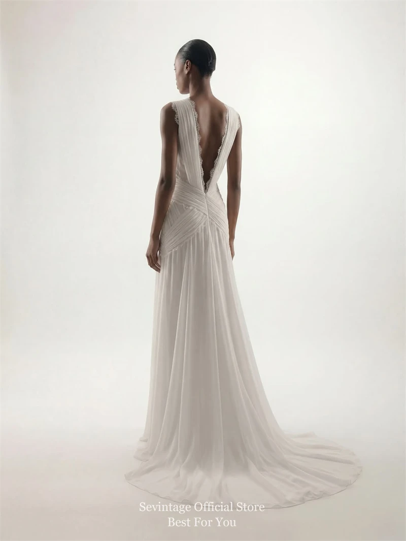 Sevintage Bohemian Chiffon Wedding Dresses Dark V-Neck Sleeveless Bridal Gowns Backless Pleated Lace A-Line Wedding Gowns Custom image 5