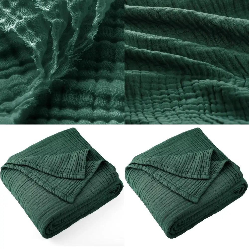 

King Size 4-Layer Cotton Muslin Throw Blanket, Breathable Lightweight Bedspread for All Seasons, Dark Green