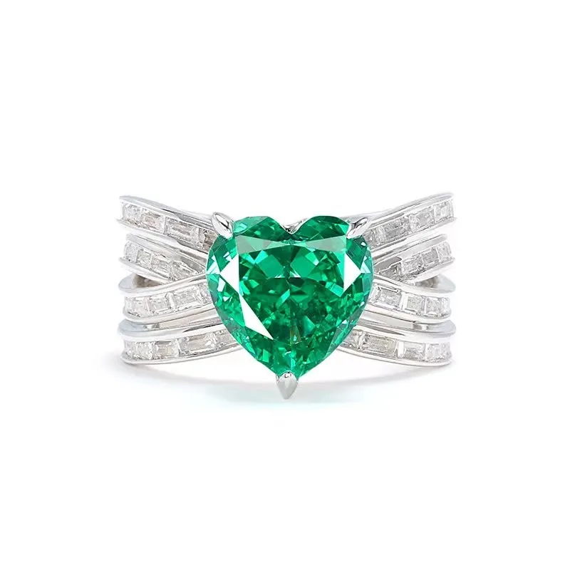 

ZOCA 925 Sterling Silver Ice Cut Emerald Paraiba High Carbon Diamonds Gemstone Fine Jewelry Heart Ring Wholesale