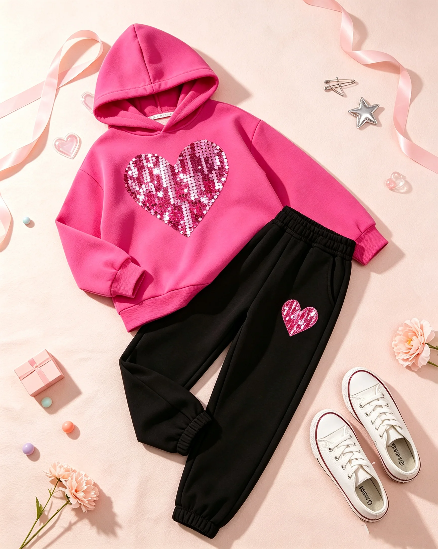 Kids' Autumn Winter Hooded Love Print Sweatshirt And Pants Set Long Sleeve Elastic Waist Comfortable Cotton Outfit for Children