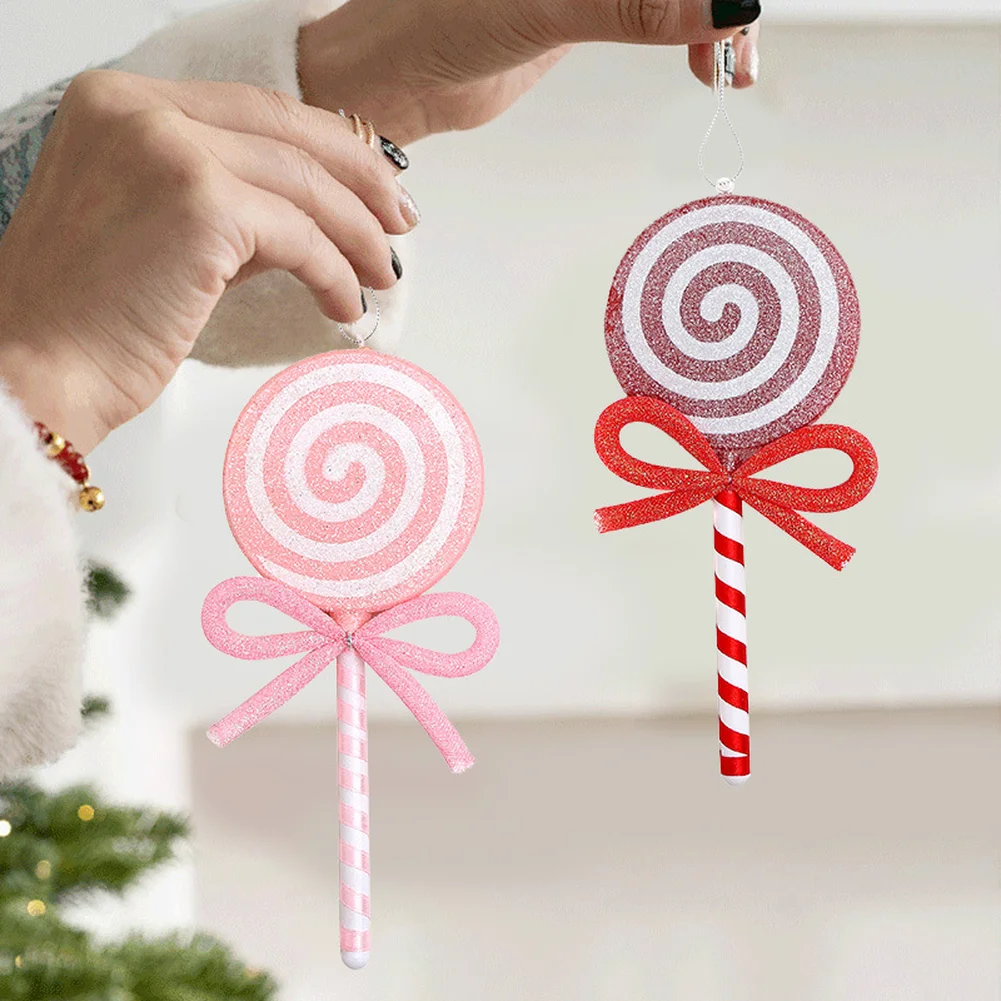 Para niños, adorno de piruleta roja de Navidad con lazo rosa, colgante de plástico estilo caramelo para decoración de árbol, 21 centímetros de largo