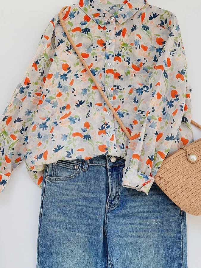 

Loose Women's Floral Print irt Artistic Design Versatile Faionable Korean Japanese High-End Water-Based Ink Top