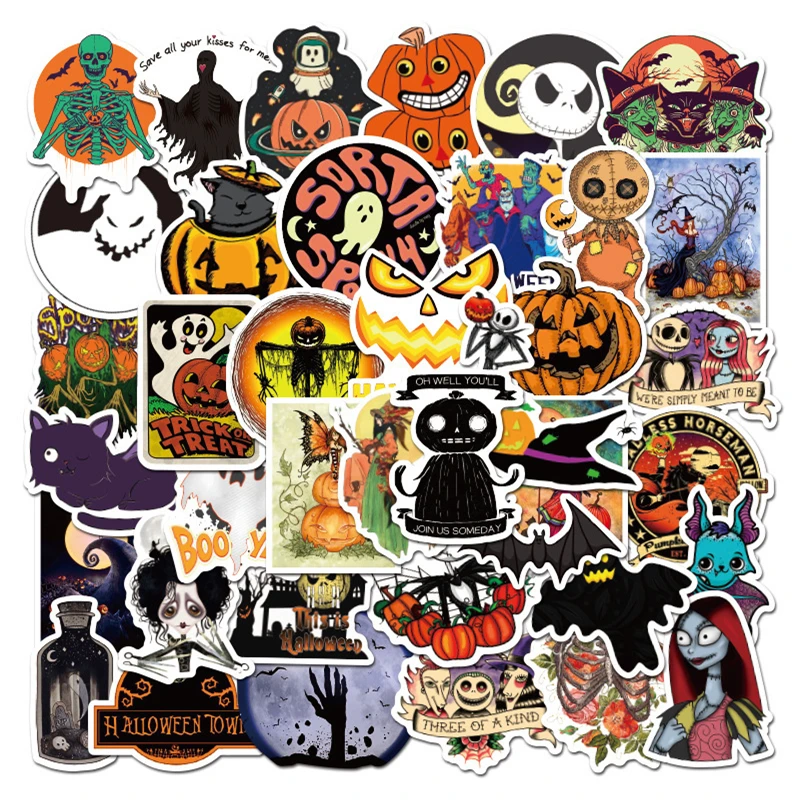 50pcs Halloween Theme Stickers Hallow Pumpkin Witch Graffiti DIY Luggage Laptop Skateboard Phone Decal Sticker Toys