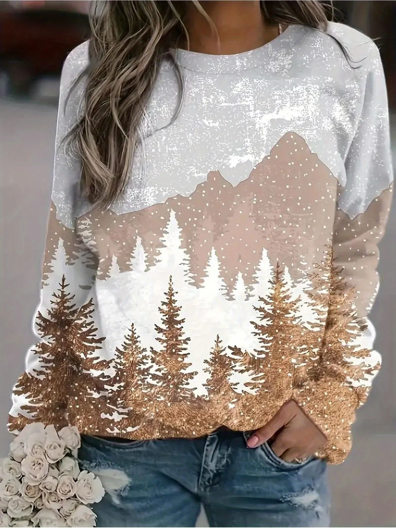 Women Long Sleeve T Shirt Round Neck Casual Tops Mountain Forest Snow Scene Print Winter Fashion Loose Fit Daily Wear