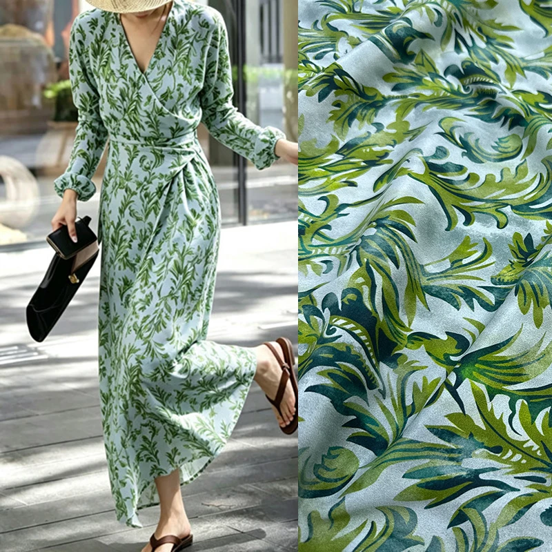 Green Plants Printed Stretch  Silk Crepe de Chine Fabric for DIY Sewing Summer Dress Pajamas Soft Comfortable Silk Fabric FR7013