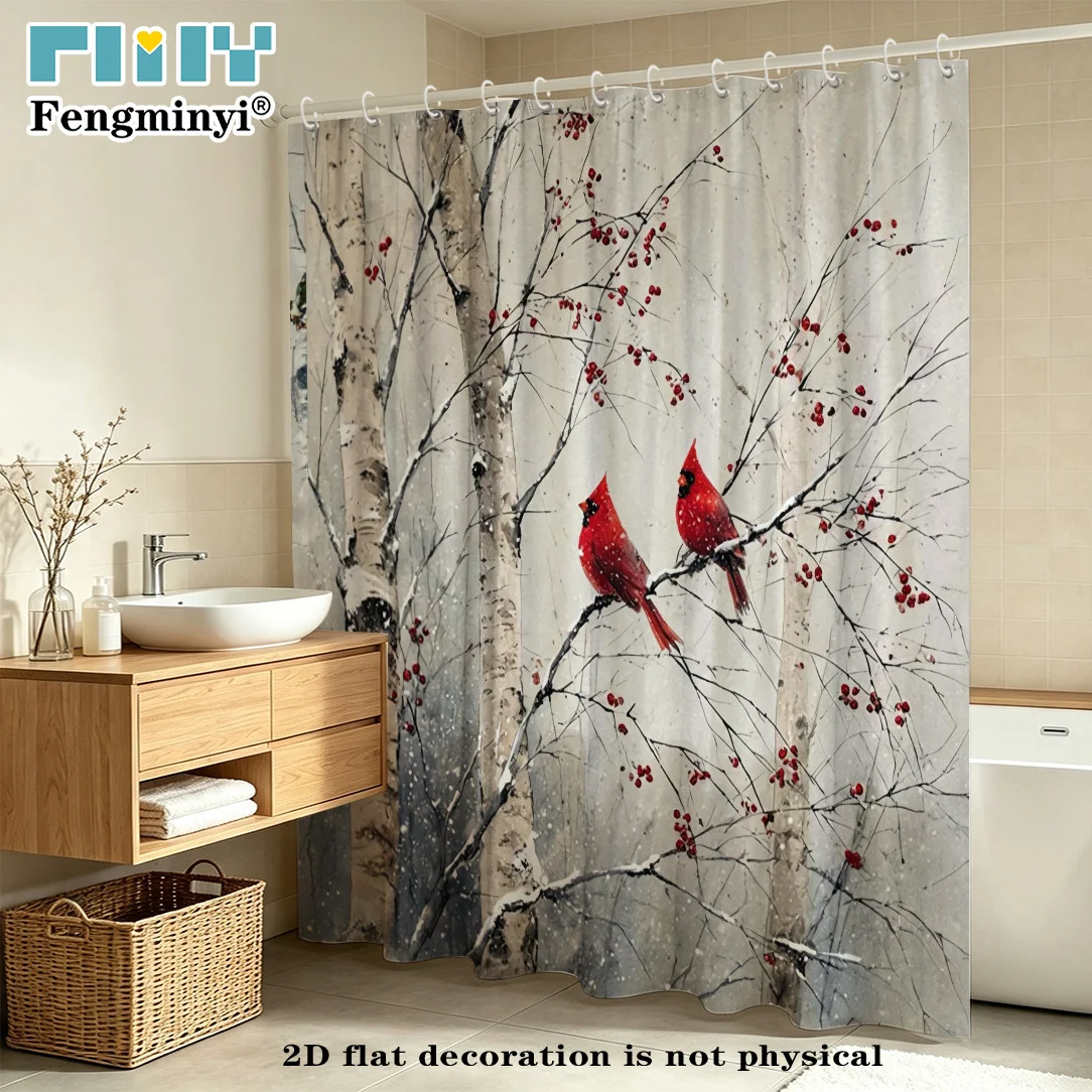 2D Flat, 2D Flat Shower Curtain 1pc, Cardinal Shower Curtain,, Featuring a Floral and Bird Painting of a Red Cardinal and Snow-W