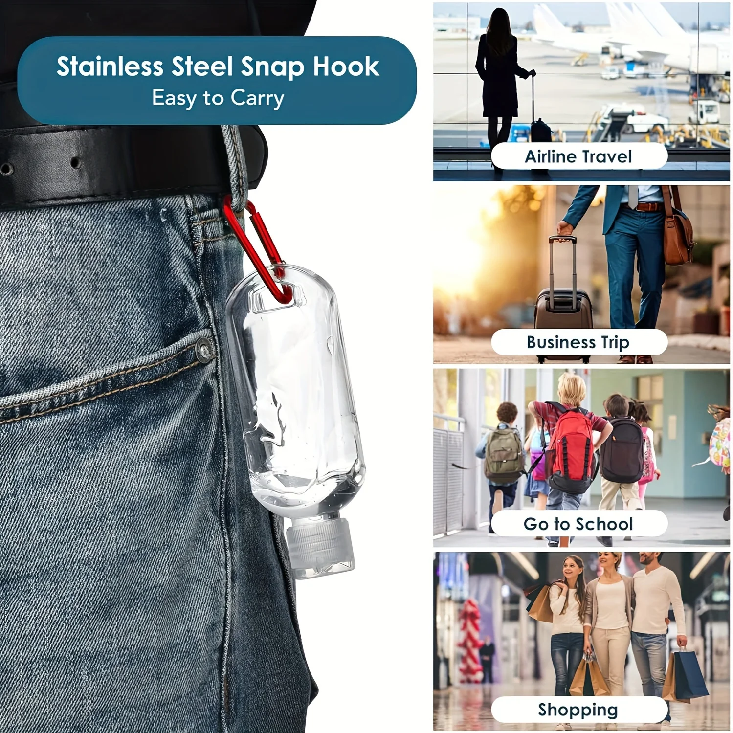 5 قطع من زجاجات الضغط للسفر المقاومة للتسرب مع سلاسل المفاتيح - حاويات محمولة قابلة لإعادة الملء سعة 30 مل لمستلزمات معقم اليد