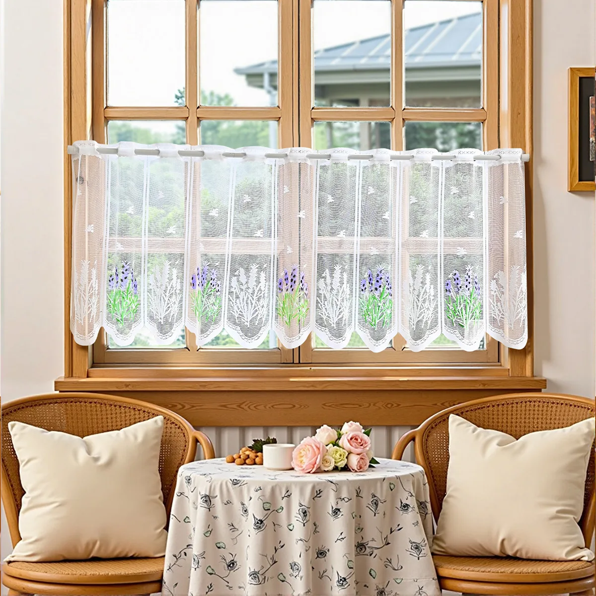 Window Valance Lavender Embroidery White Lace Short Curtain Window Screen Grommet Top for Kitchen Coffee Room Modern Style