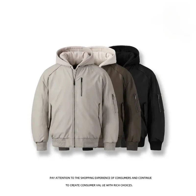 

High-quality men's fashionable British-style trendy travel casual hooded zipper detachable PU down jacket warm coat