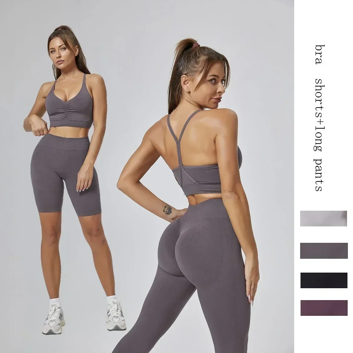 Seamless Yoga Sets Sports Fitness High Waist Hip-lifting Leggings Beauty Back Sling Bra Suits Workout Gym Shorts Sets for Women