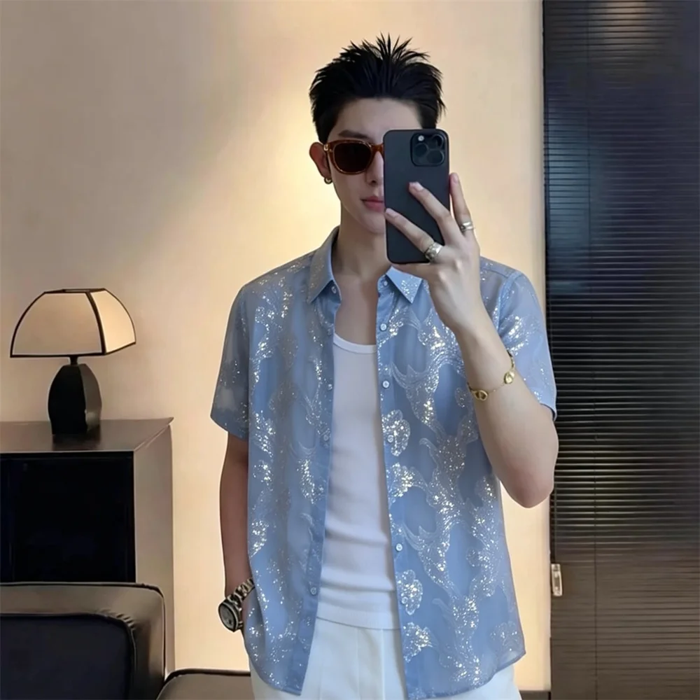 Summer Lace See-through Blouses for Man Sexy Sequin Short Sleeved Button Men's Shirts Club Prom Stage Performance Men Shirt Coat