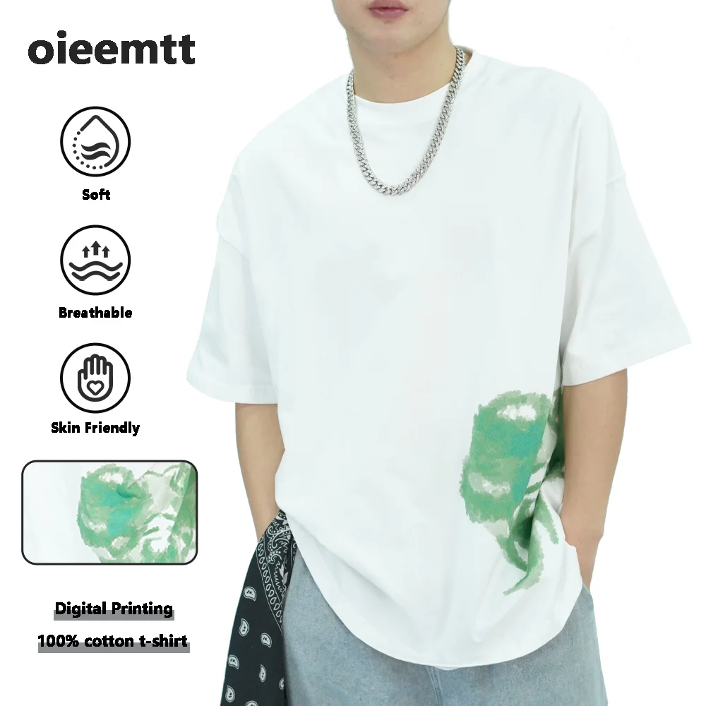 

High End White T-shirt Thick Baggy Drop Shoulder 100% Cotton Round Neck Short Sleeve Screen Print Designer Summer Men's T-shirt