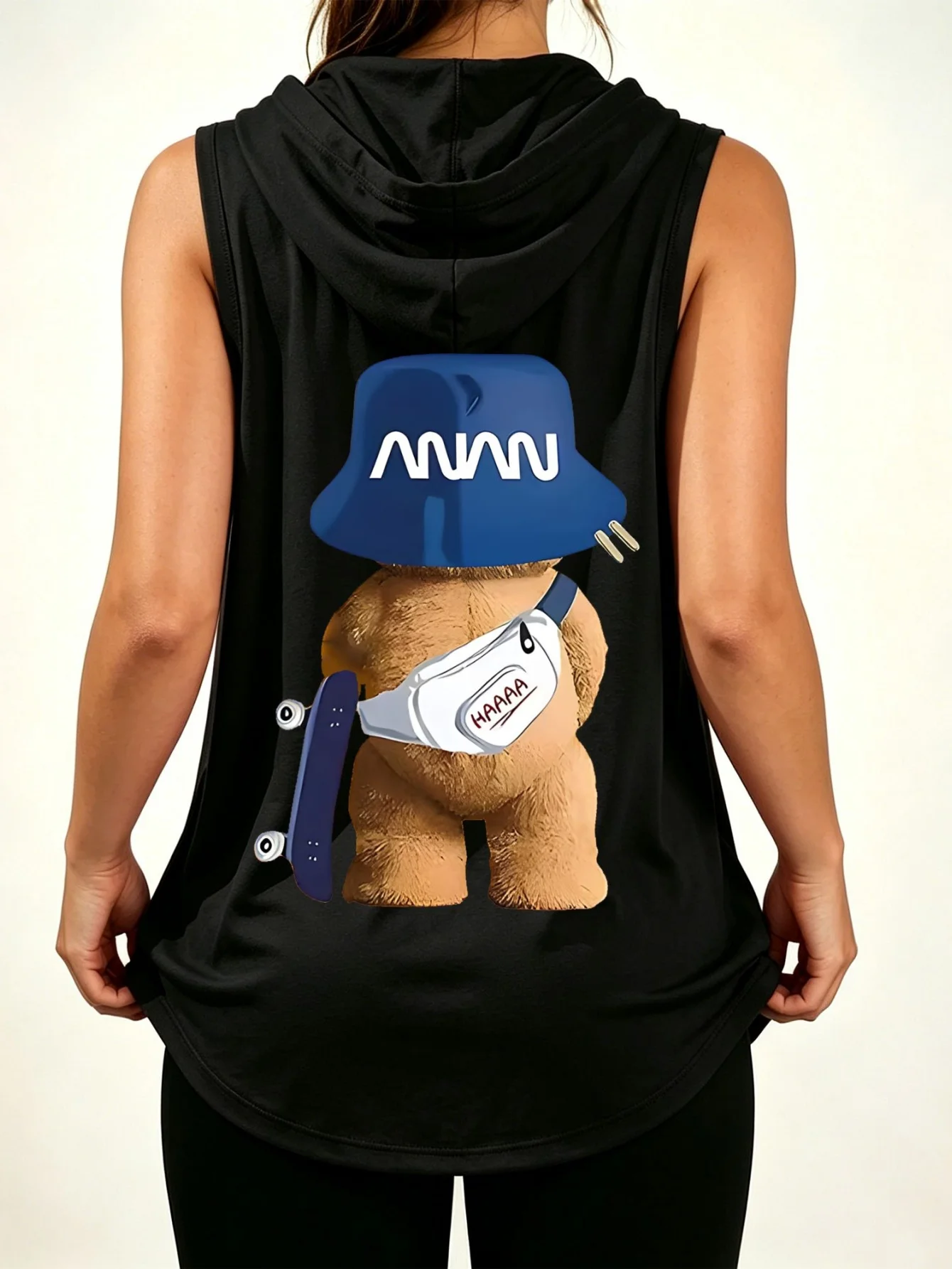 Unisex Cute Skateboard Teddy Bear Back Print Sleeveless Hooded Tank Top Cartoon Bear Bucket Hat Y2K Casual Streetwear Hood Vest