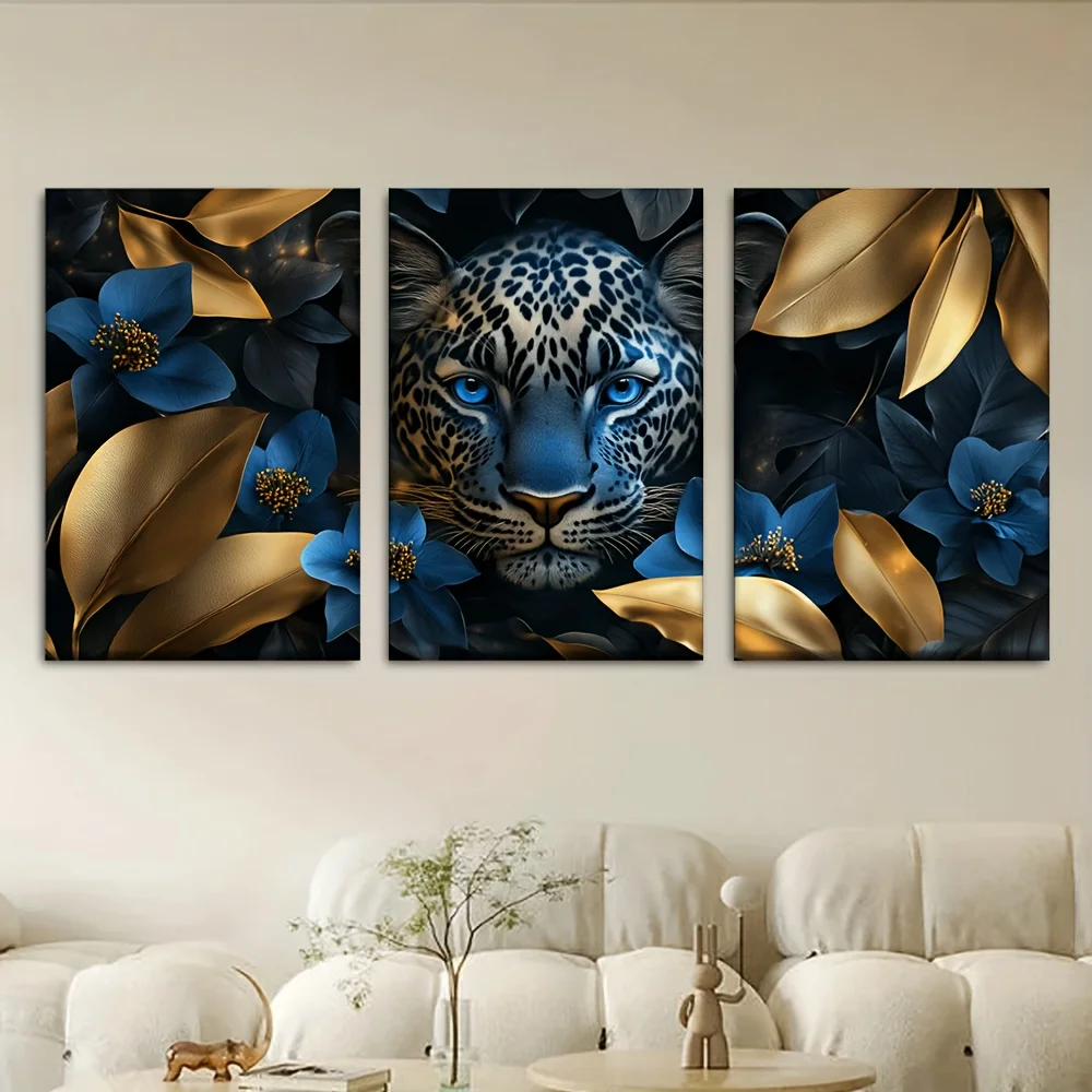 （NoFranme 3PCS）-2D Flat, 2D Flat, A Set of Three, Canvas Art - Unframed, Featuring a Blue Leopard Face with Golden Leaves And