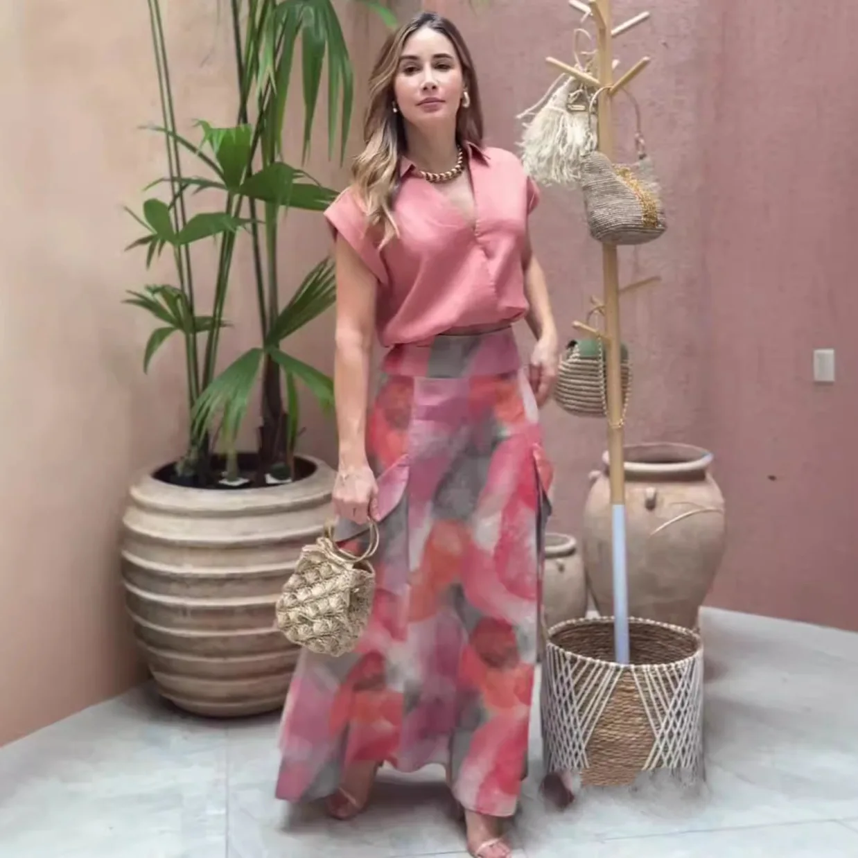 

Faionable Summer Women's Clothing Set Svel Printed Midi Skirt Two-Piece Ensemble Ele Draped Design for Ladies