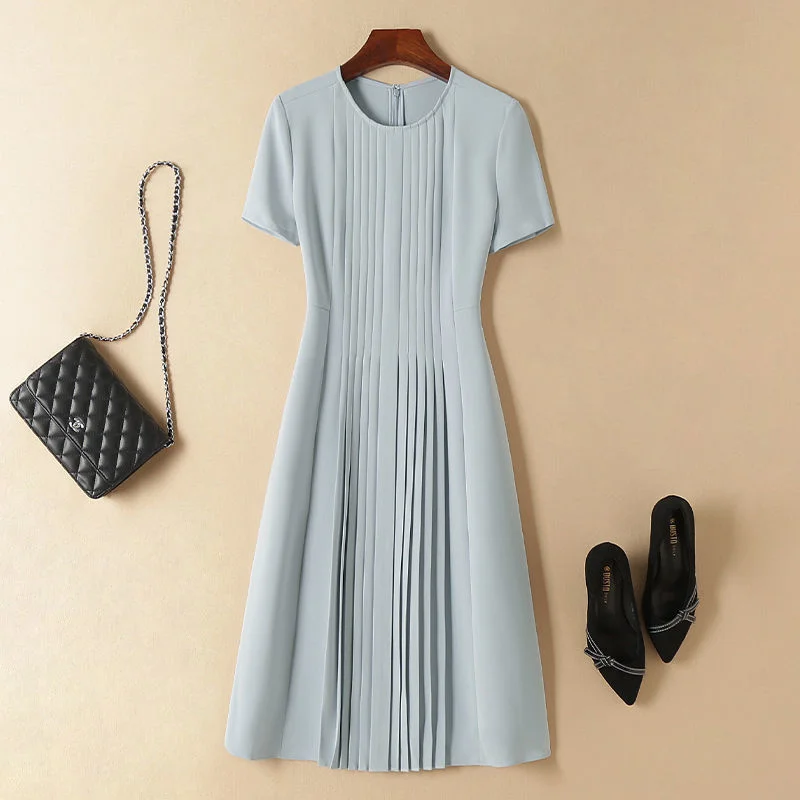 Round Neck Solid Midi Dress Elegant Women's Summer New Retro Short Sleeve Waist Closing Pleated Skirt Streetwear Vestido Casual