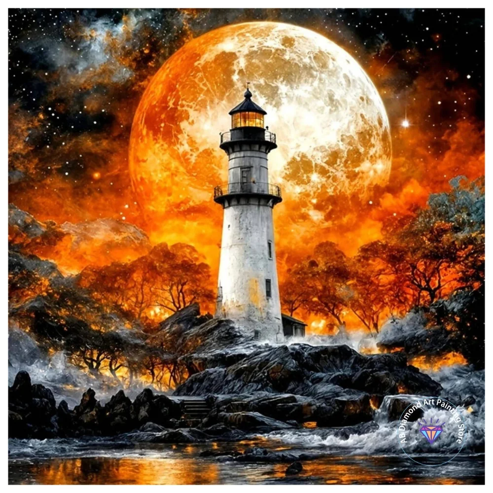 

Lighthouse Moon AB Diamond Painting Kit Square Round Diamond 5D DIY Landscape Tree Mosaic Handmade Art Exquisite Gift Home Decor