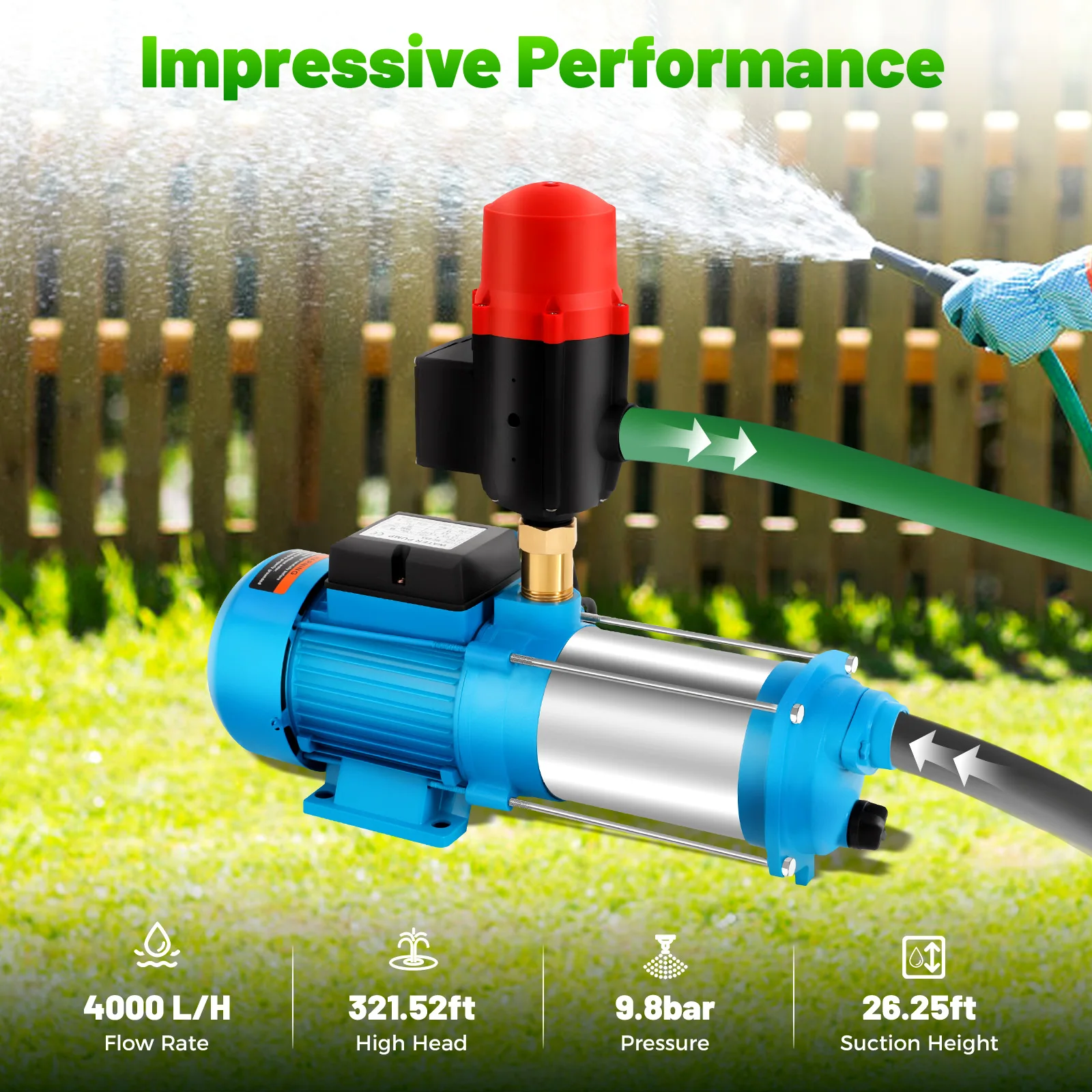 Pompa centrifuga da 1300 W con pressostato di sollevamento 98 M 4000 L/H per giardino di stagni agricoli