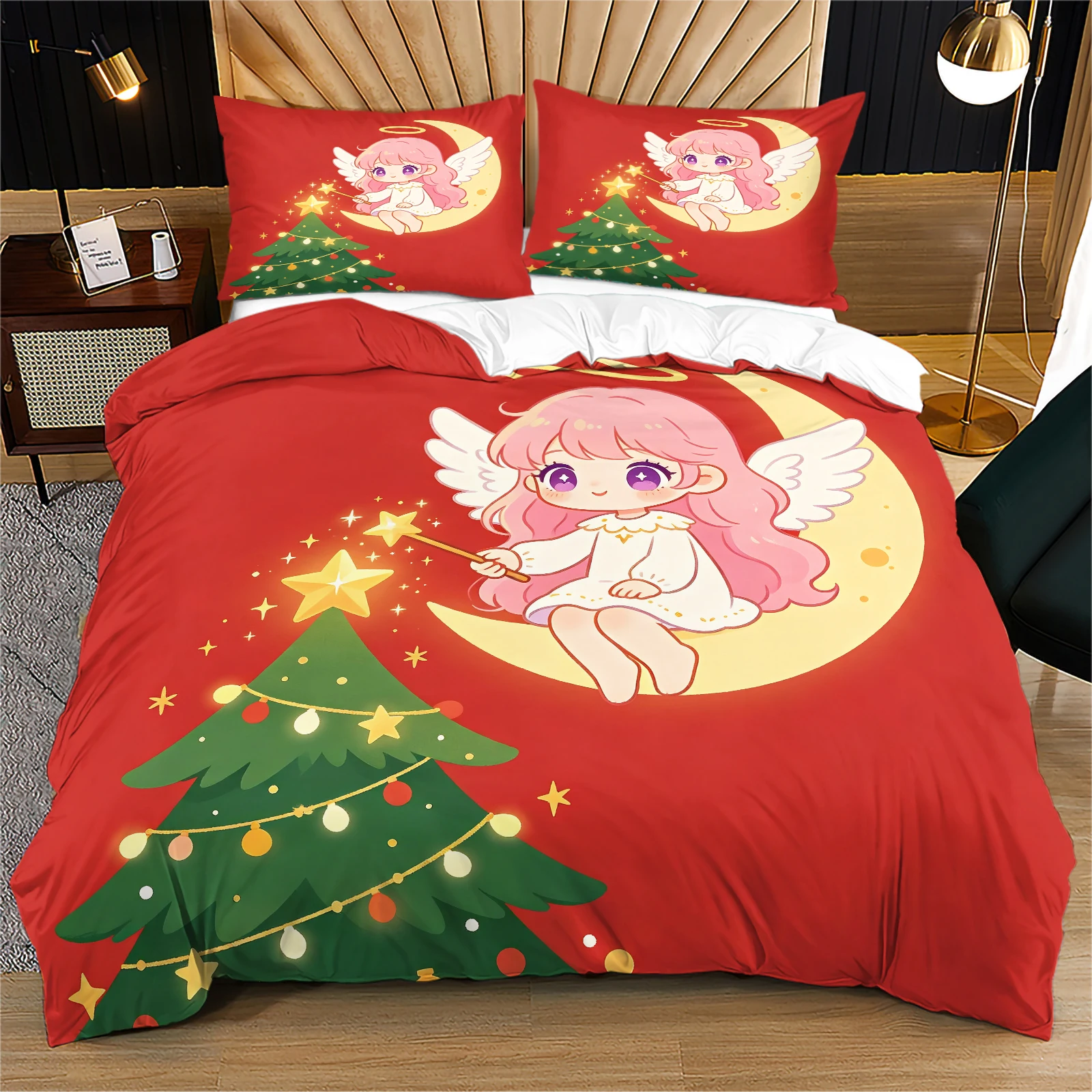 Festive Red Christmas Duvet Cover Bedding Set Adorable Pink‑Hair Angel on Moon & Xmas Tree Print Soft Lightweight Bedding