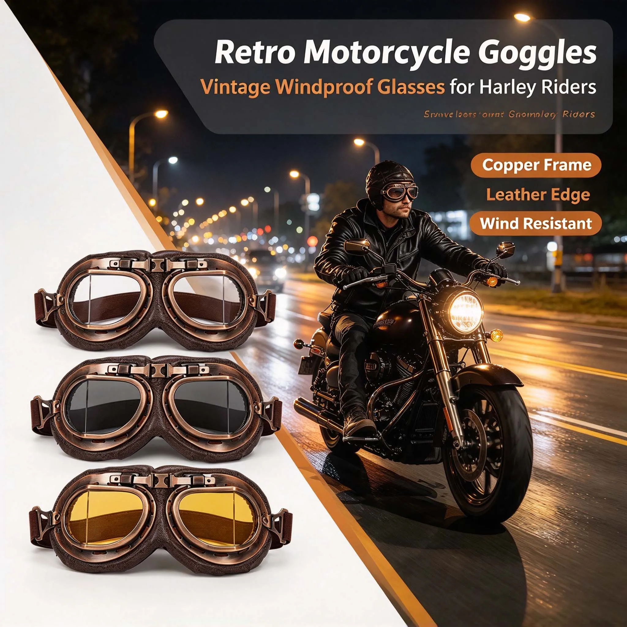 Classic Steampunk Goggles Glasses Retro Vintage Motorcycle Windproof Goggles for Men Women Harley Pilot ATV Bike Copper Helmet