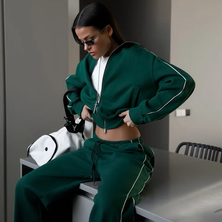 

Women's Sports Two-piece Casual Fashion Suit Ladies Zip Cardigan Jacket Sports Lace-up Trousers Two-piece Set Sportswear