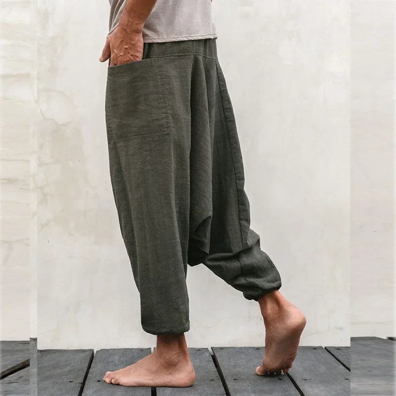 Linen Casual Trousers Men's Japanese Wide-leg Pants Summer Cotton Linen Loose Bloomers Large Size Indian Meditation Pocket Pants