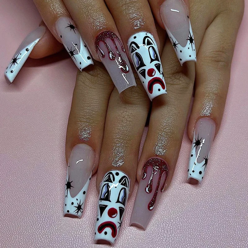 

24pcs Blood Drip Halloween Press-On Nails - Creepy Clown Eye Design Long Ballet Shape False Nails For Women Girl