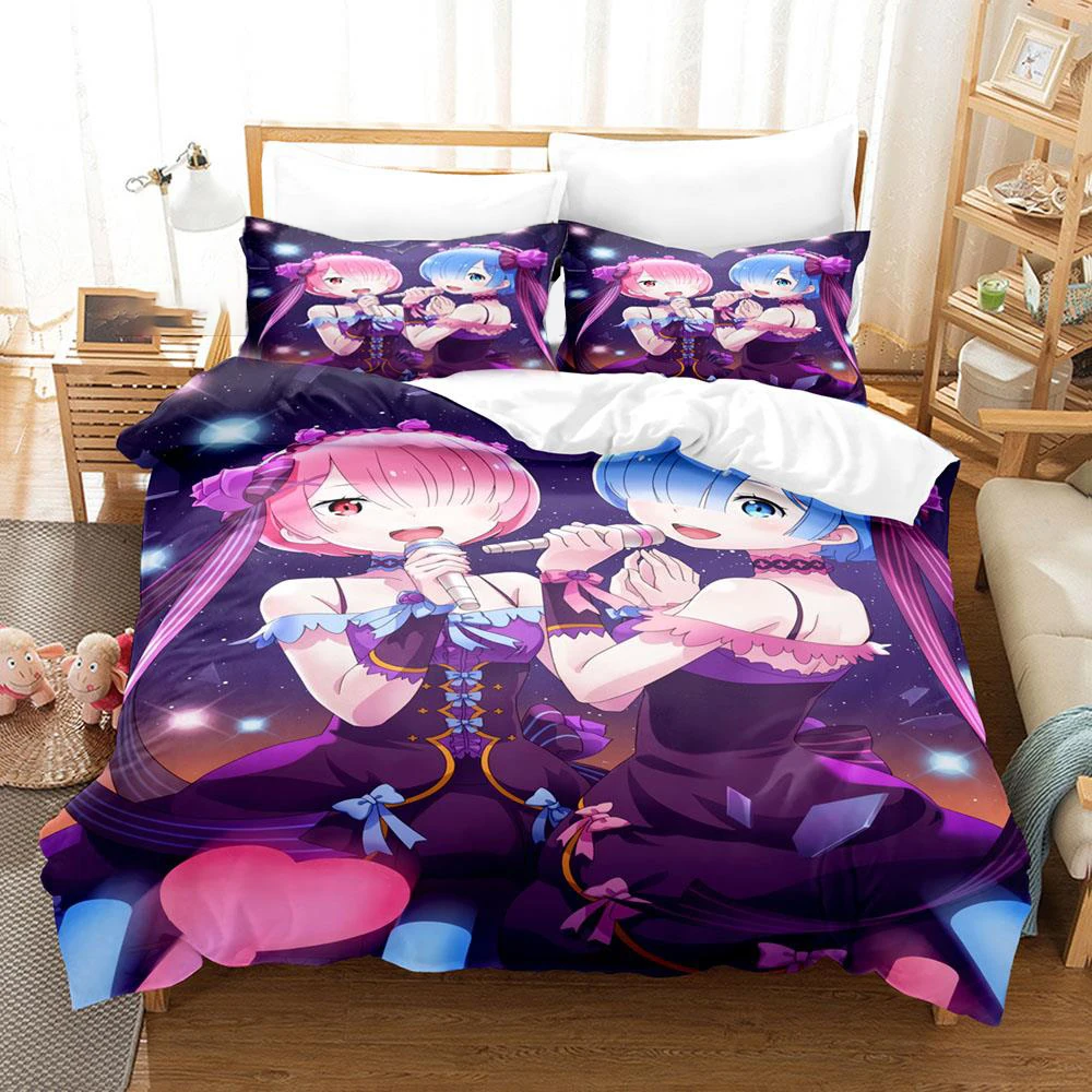 3D Printed Anime  Re Zero Rem Ram Emilia Bedding Set Boys Girls Twin Queen Size Duvet Cover Pillowcase Bed Kids Adult