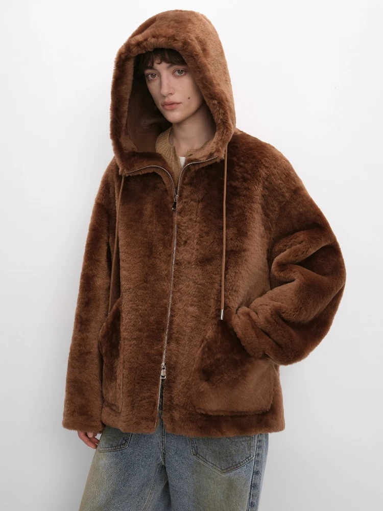 

High-end Luxury Merino Sheep Fur Hooded Plush Jacket for Women 2026 New Simple Loose Casual Winter Genuine Leather Real Fur Coat
