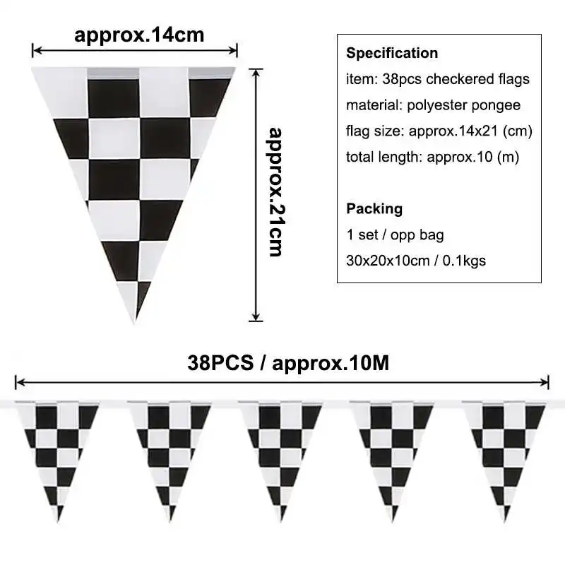 Triangle Checkered Hanging Flag Black and White Chequered Printed 38 Pieces F1 Sports Auto Racing Decorative Flags and Banners view 2