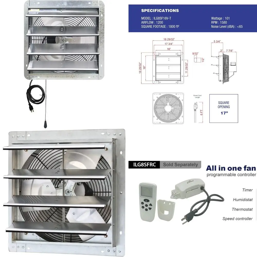 Variable Speed Wall-Mount Silver Exhaust Fan, 16-Inch, Shutter Design, Ideal for Ventilation and Air Circulation