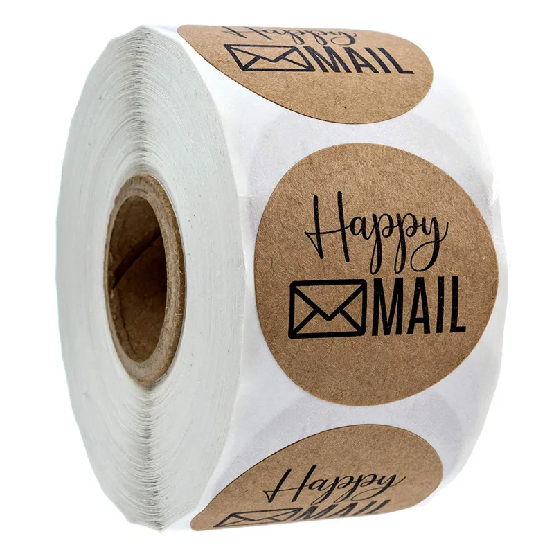 50pcs circular happy mail business stickers 1 inch Brown gift hand stickers envelope sealed stationery stickers