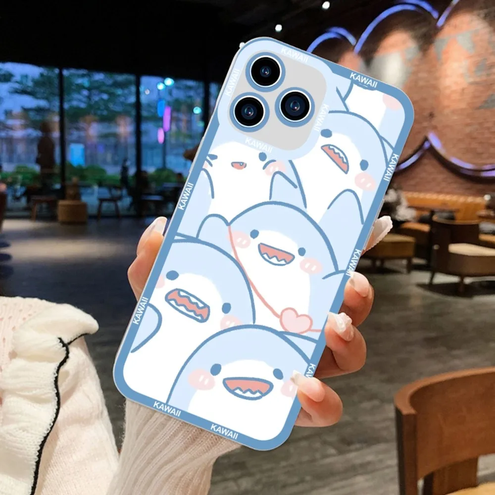 Cartoon Cute Shark Phone Case For iPhone 11 12 Mini 13 14 15Pro Max Transparent Shell