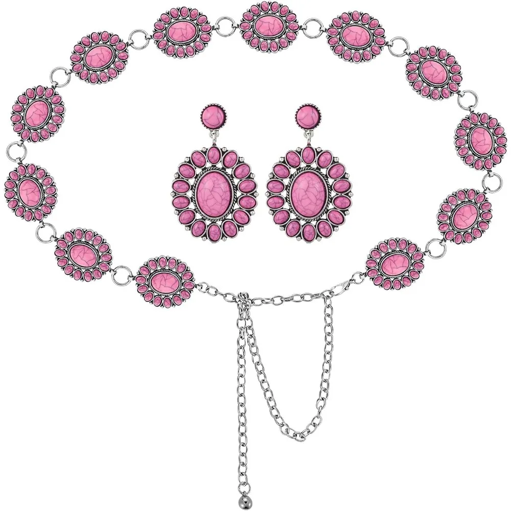 

Turquoise Concho Chain Belt and Drop Earrings Set Boho Western Style for Women